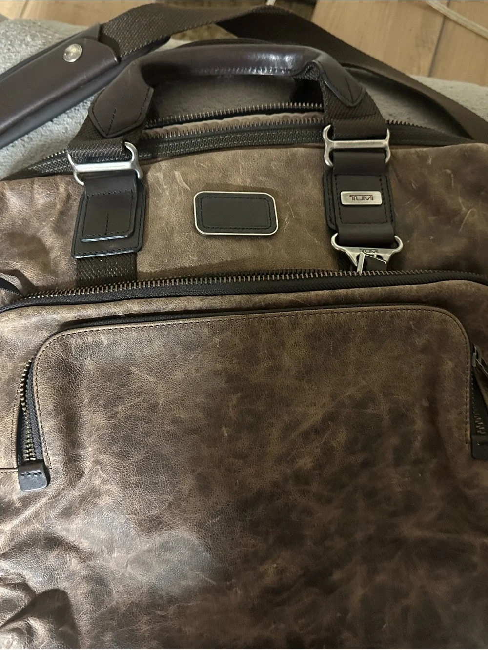 Tumi Distressed Brown Leather Laptop Briefcase with Dark Trim
